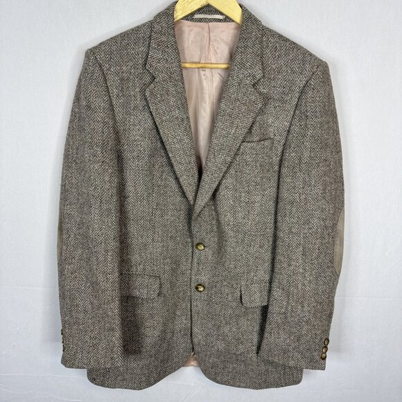 Harris Tweed Herringbone Wool Blazer Suede Elbow Patches Brown Men’s 40R - Picture 1 of 12